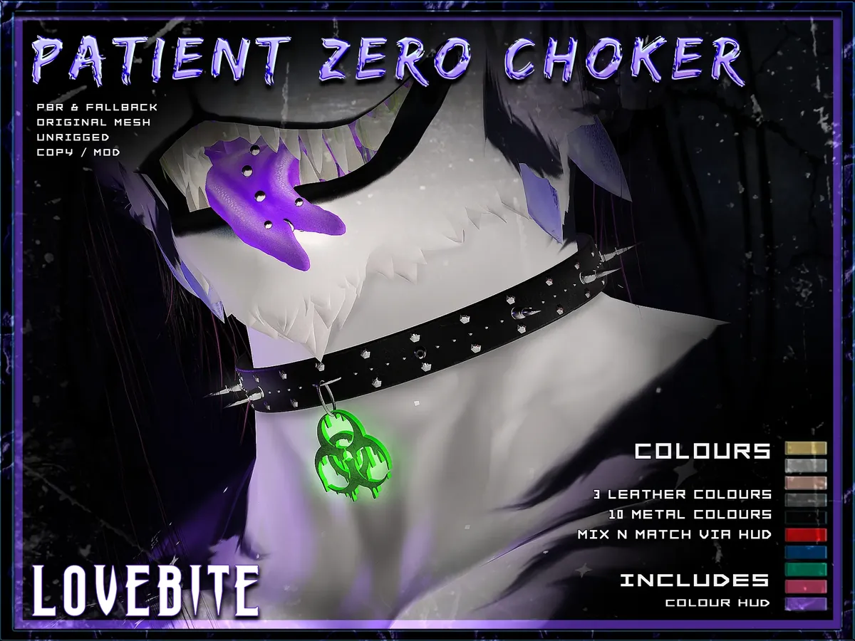 Patient Zero Choker: a spiked black leather choker with a glowing green biohazard tag, worn by a white furry avatar.