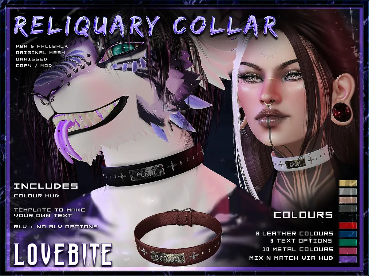 Reliquary Collar worn by a furry and a human avatar, with engraved name plates reading feral and angel.