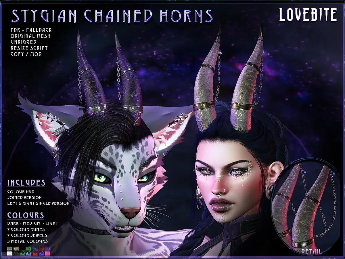 Stygian Chained Horns shown on a furry and a human avatar: tall carved horns wrapped in chains and metal bands.